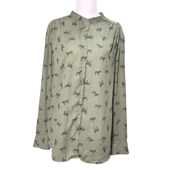 Faden Glory Womens L Shirt Green Zebra Print Button-Up Long Sleeve Blouse - Picture 2 of 11